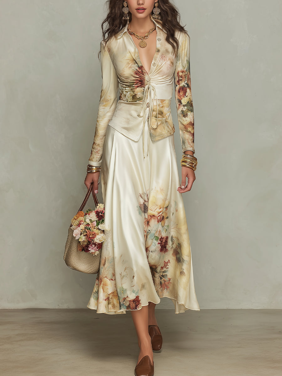 Conjunto Elegante Marfil: Camisa y Falda Satinadas con Estampado Floral
