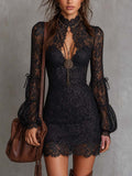 Vestido Mini Negro de Encaje Vintage con Escote de Ojo de Cerradura