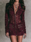 Vestido Mini Burdeos de Microante con Cintura de Encaje, Cremallera y Múltiples Bolsillos