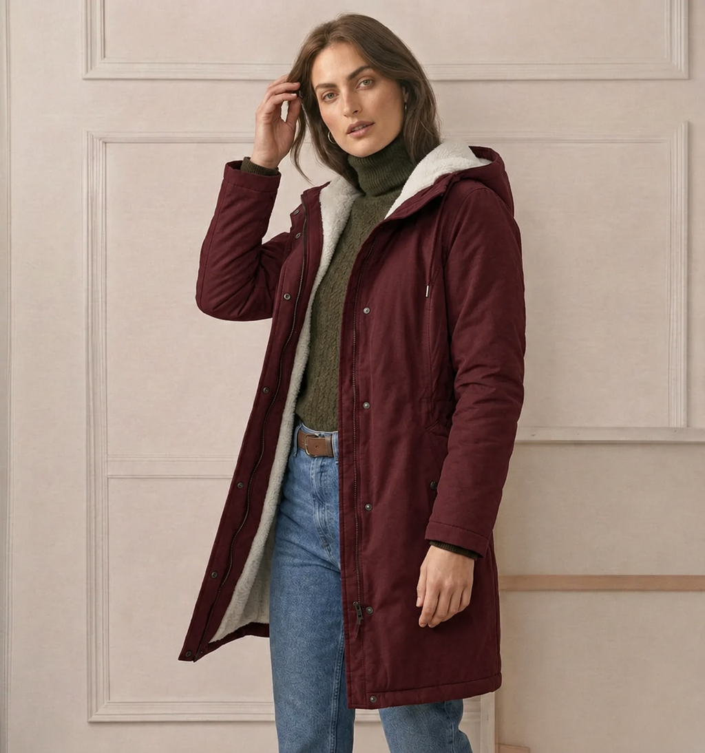 Abrigo Largo Impermeable con Capucha y Forro Sherpa
