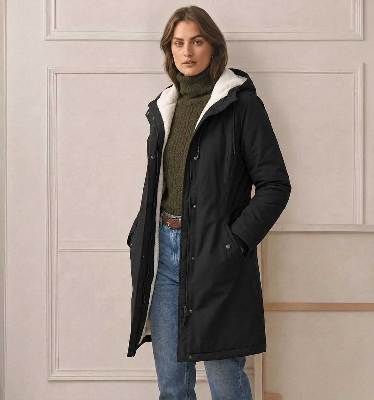 Abrigo Largo Impermeable con Capucha y Forro Sherpa