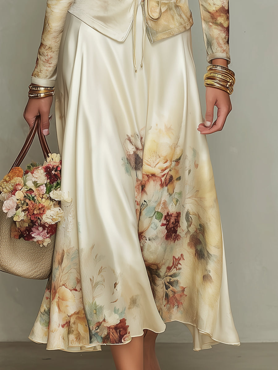 Conjunto Elegante Marfil: Camisa y Falda Satinadas con Estampado Floral