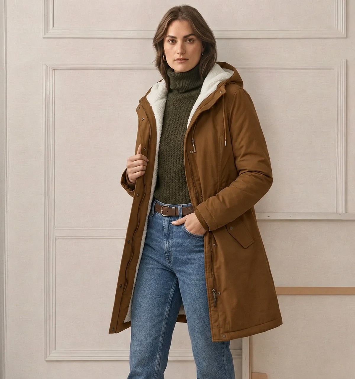 Abrigo Largo Impermeable con Capucha y Forro Sherpa