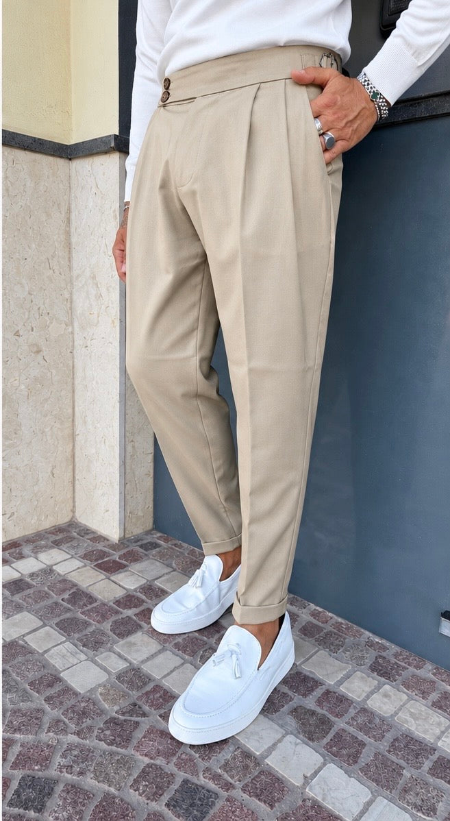 Pantalón de Algodón con Cinturilla Alta y Pinzas