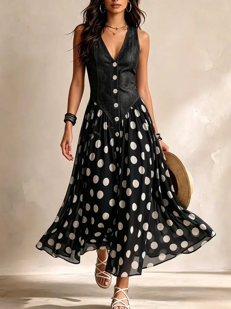 Vestido Largo Denim con Lunares, Escote en V y Corsé