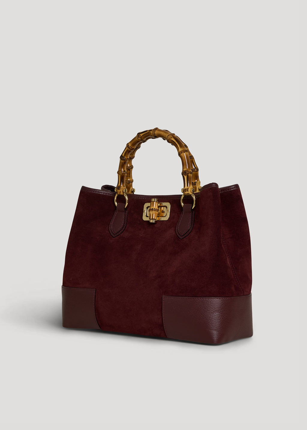 Bolso de Ante y Piel Burdeos con Asas de Bambú y Herrajes Dorados