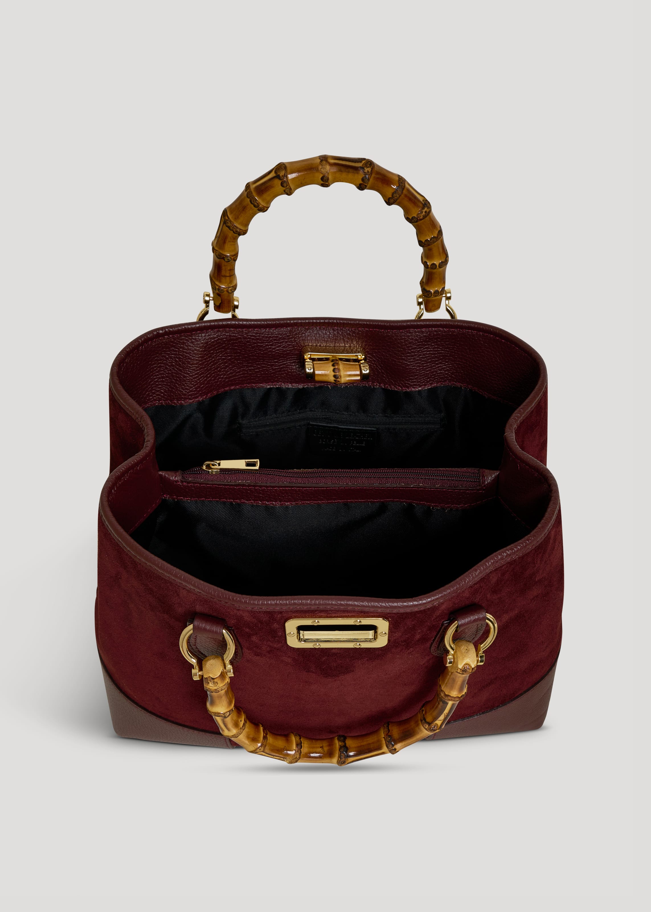 Bolso de Ante y Piel Burdeos con Asas de Bambú y Herrajes Dorados