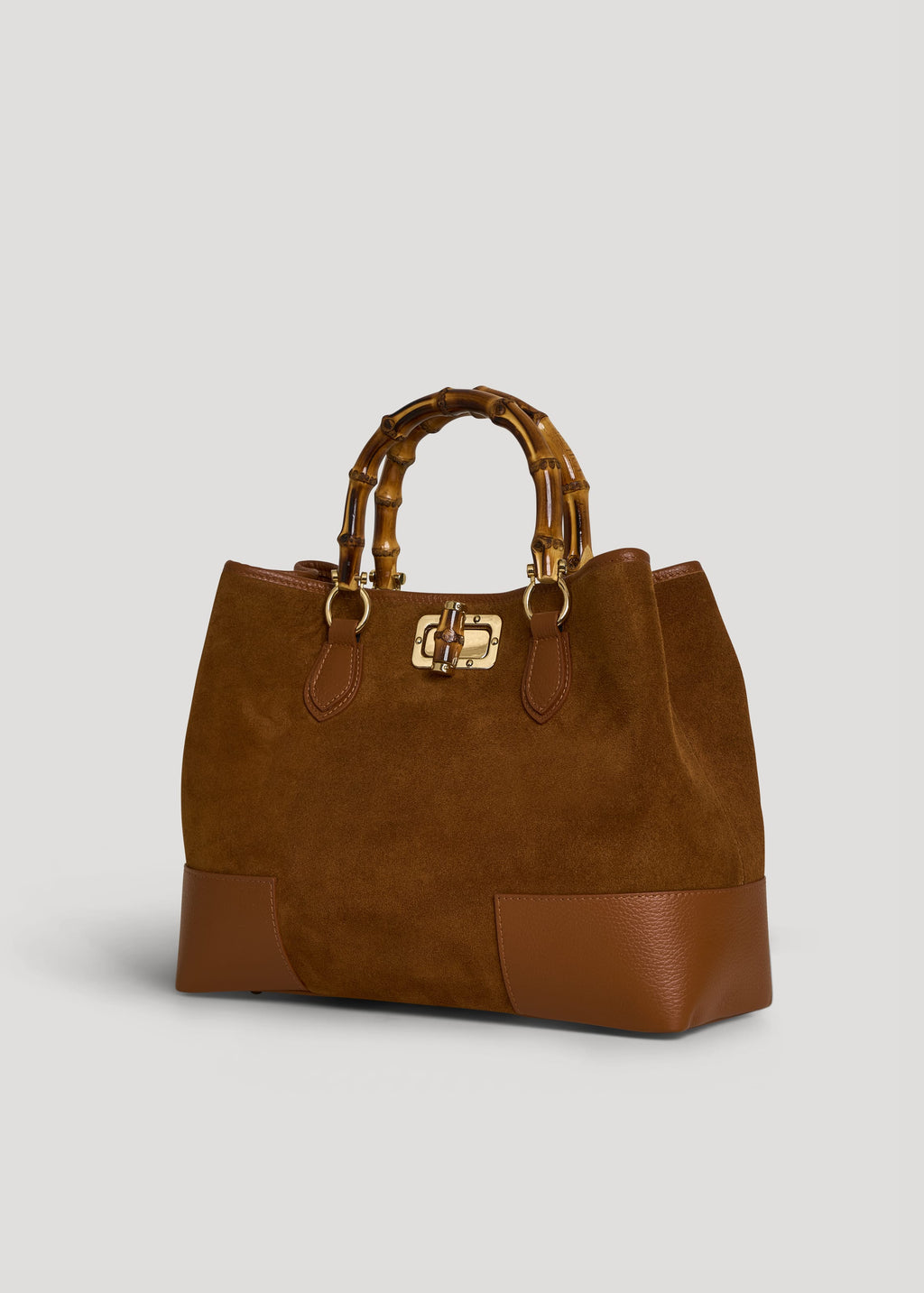 Bolso de Ante y Piel Cuero con Asas de Bambú y Herrajes Dorados