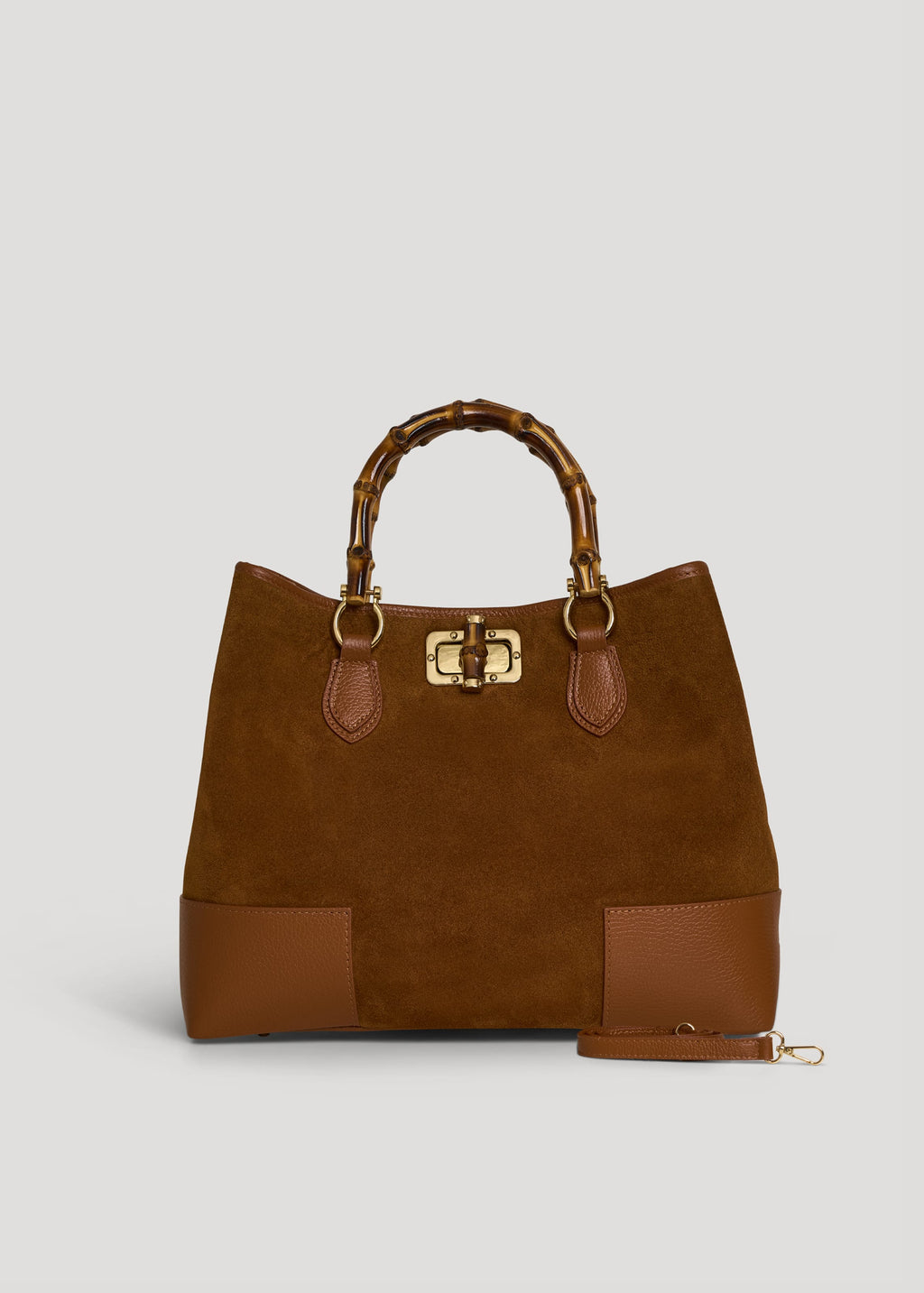 Bolso de Ante y Piel Cuero con Asas de Bambú y Herrajes Dorados