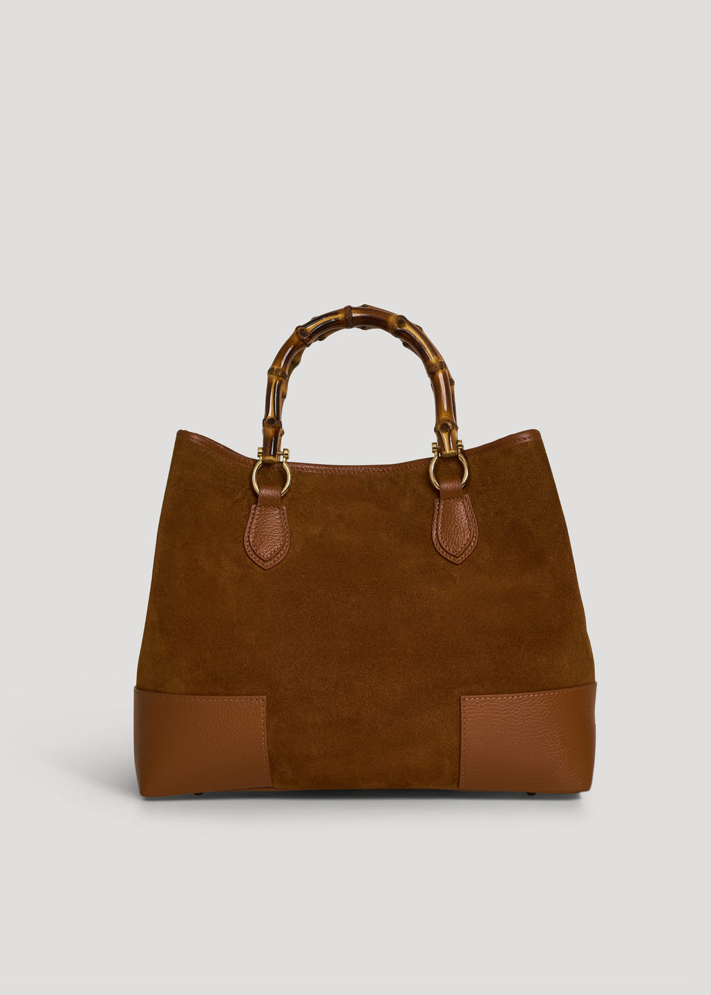 Bolso de Ante y Piel Cuero con Asas de Bambú y Herrajes Dorados