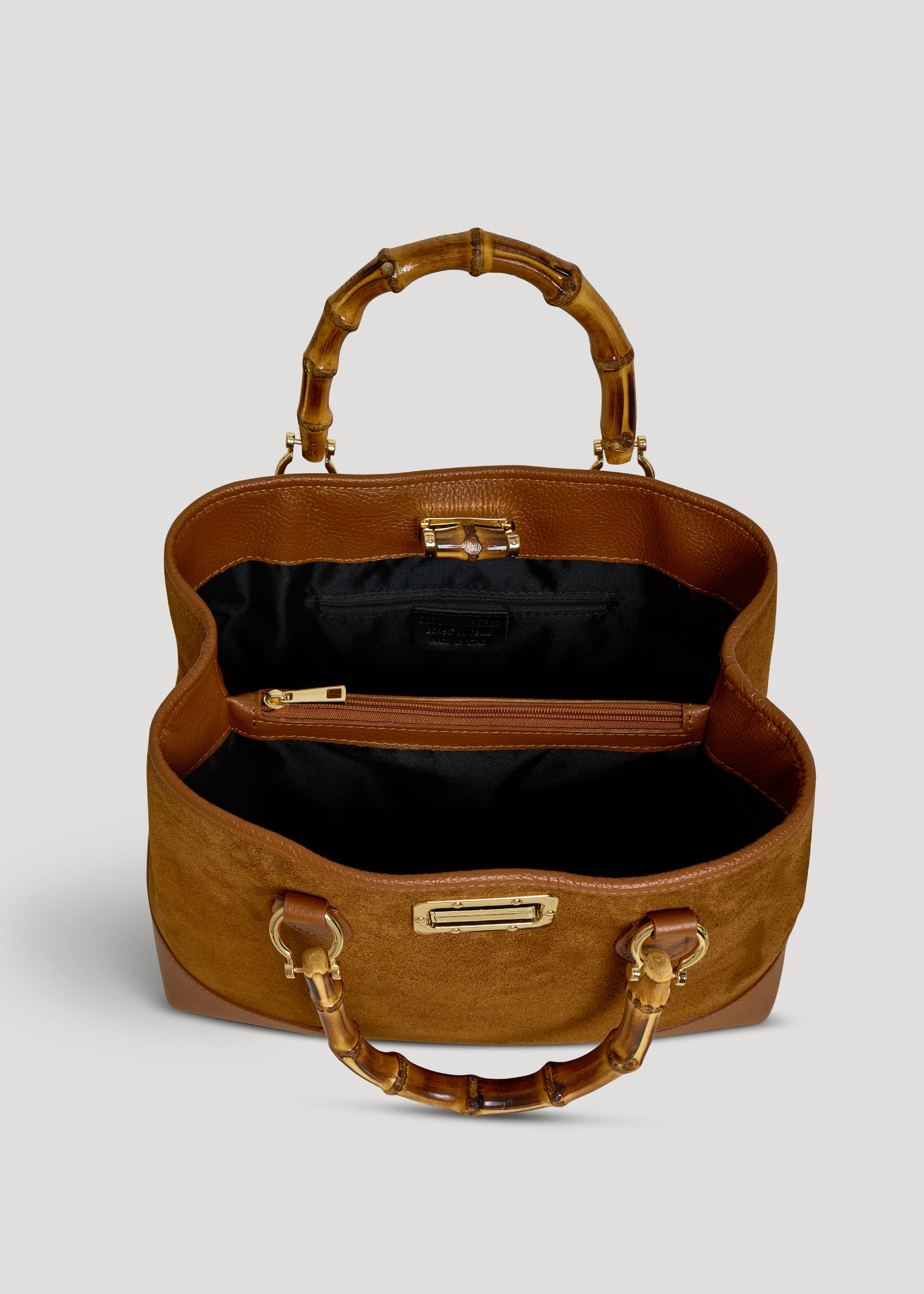 Bolso de Ante y Piel Cuero con Asas de Bambú y Herrajes Dorados