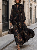 Vestido Maxi Negro Elegante de Manga Larga con Estampado Floral Plisado