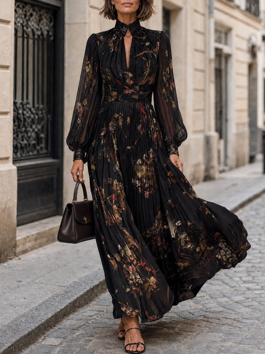 Vestido Maxi Negro Elegante de Manga Larga con Estampado Floral Plisado