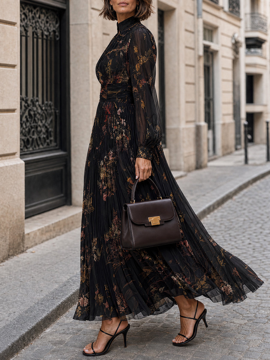 Vestido Maxi Negro Elegante de Manga Larga con Estampado Floral Plisado