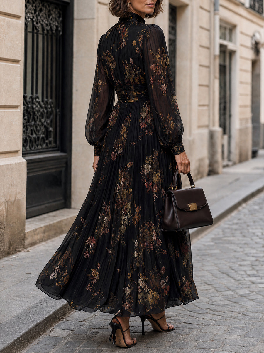 Vestido Maxi Negro Elegante de Manga Larga con Estampado Floral Plisado