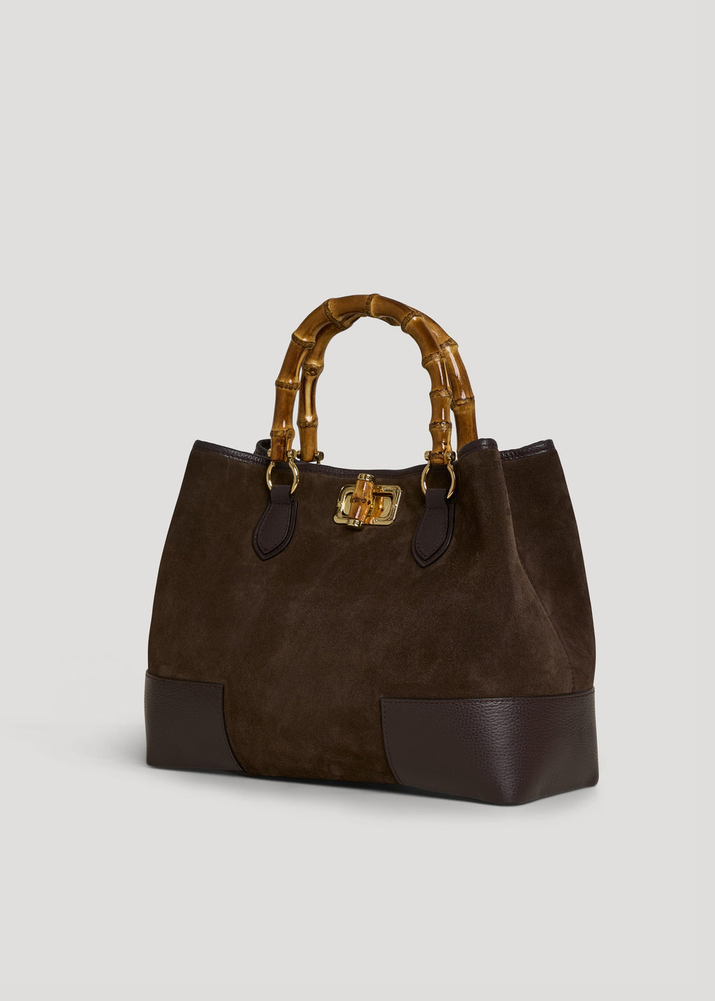 Bolso de Ante y Piel Marrón Oscuro con Asas de Bambú y Herrajes Dorados