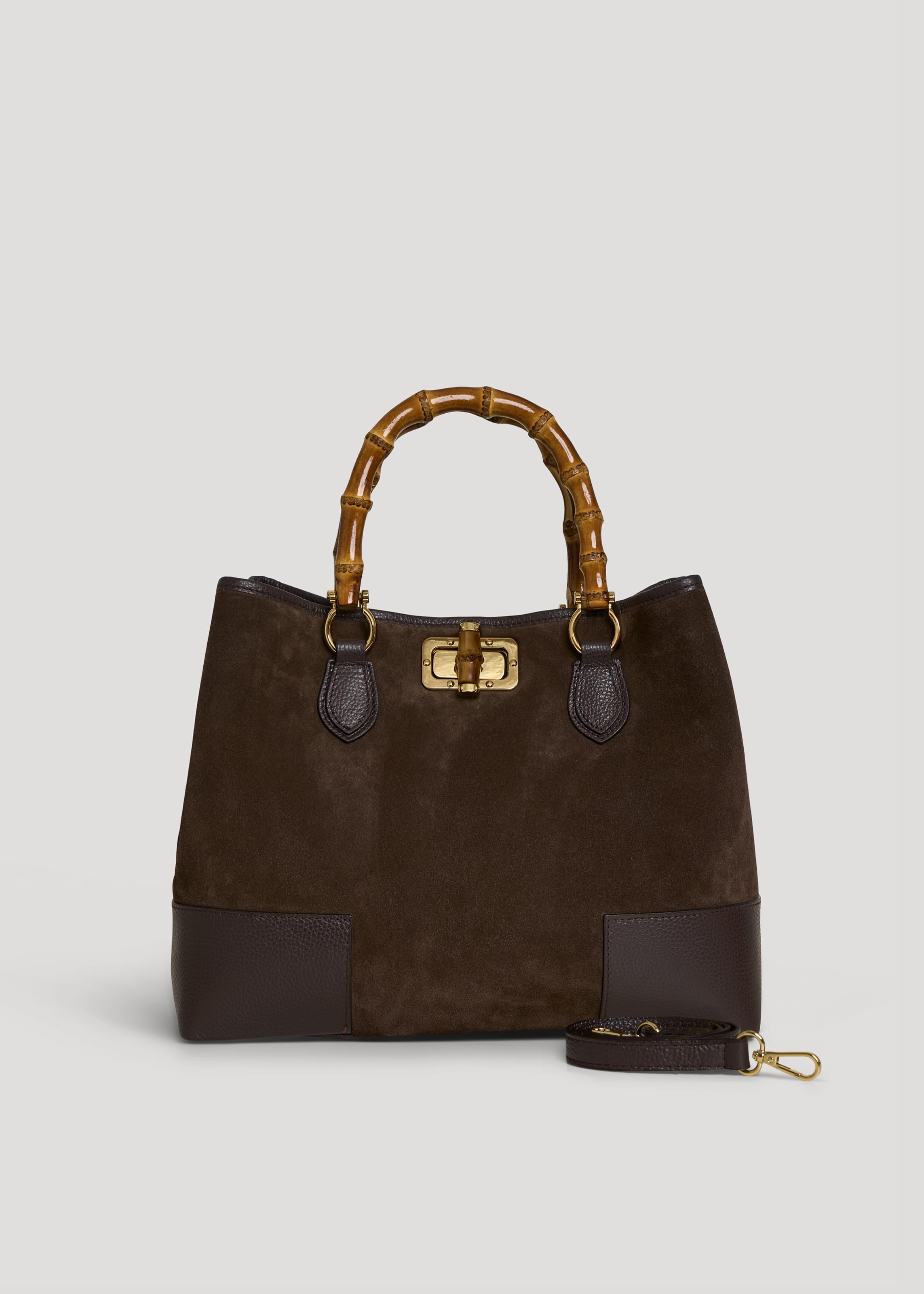 Bolso de Ante y Piel Marrón Oscuro con Asas de Bambú y Herrajes Dorados