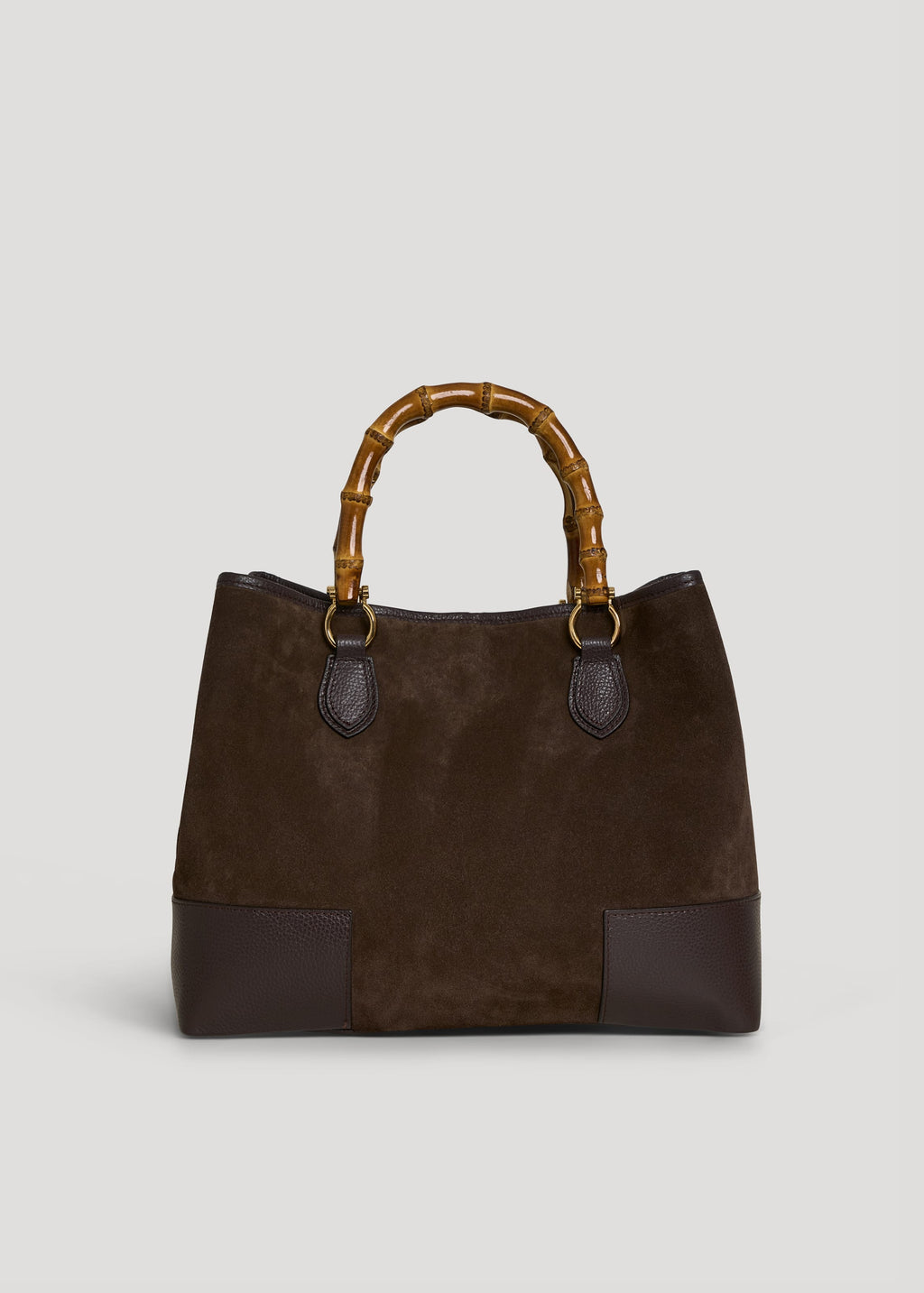 Bolso de Ante y Piel Marrón Oscuro con Asas de Bambú y Herrajes Dorados