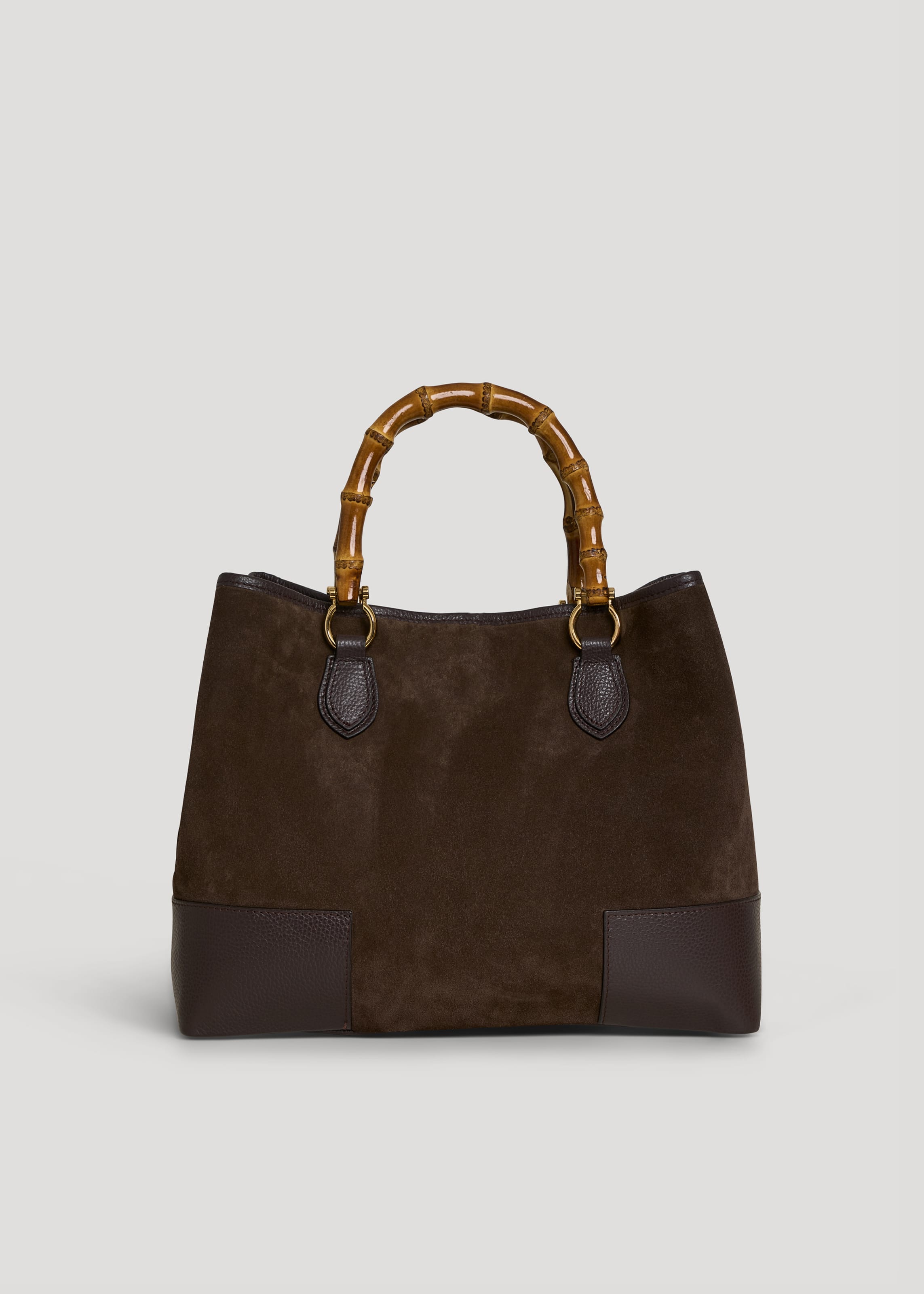 Bolso de Ante y Piel Marrón Oscuro con Asas de Bambú y Herrajes Dorados