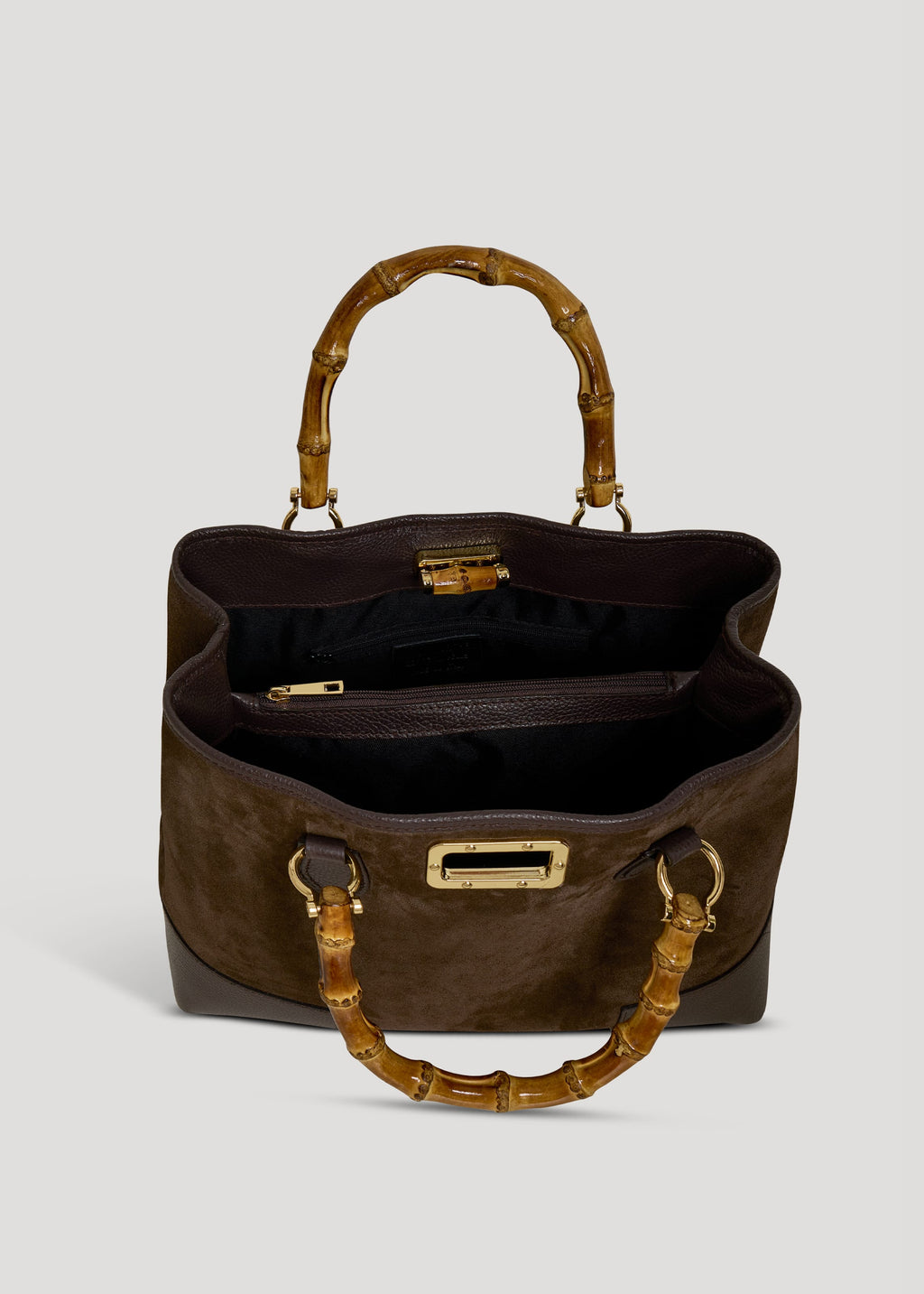 Bolso de Ante y Piel Marrón Oscuro con Asas de Bambú y Herrajes Dorados