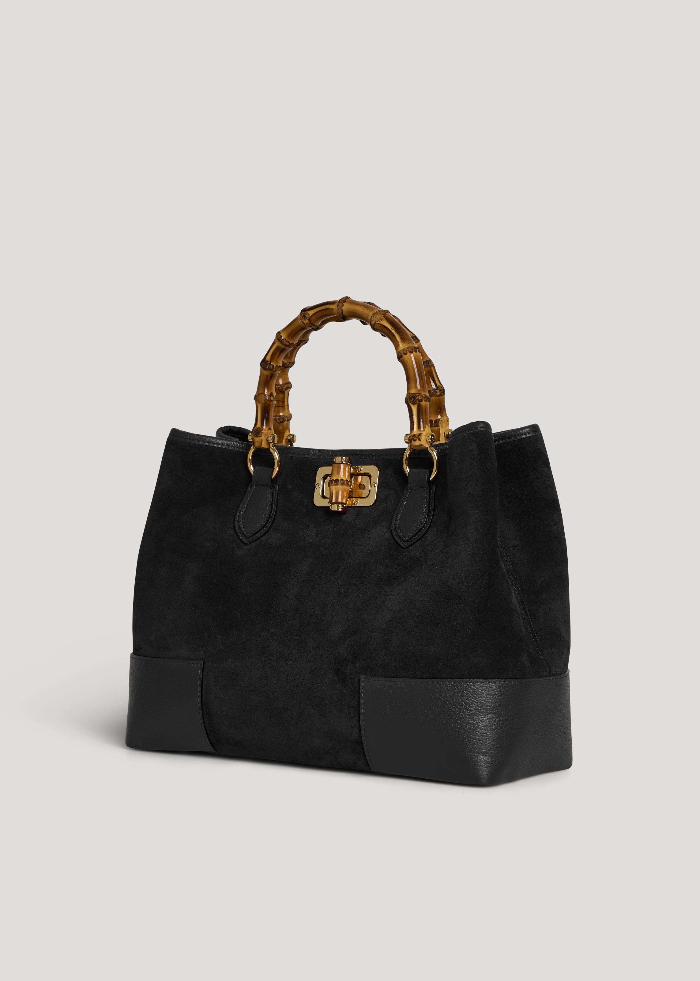 Bolso de Ante y Piel Negro con Asas de Bambú y Herrajes Dorados