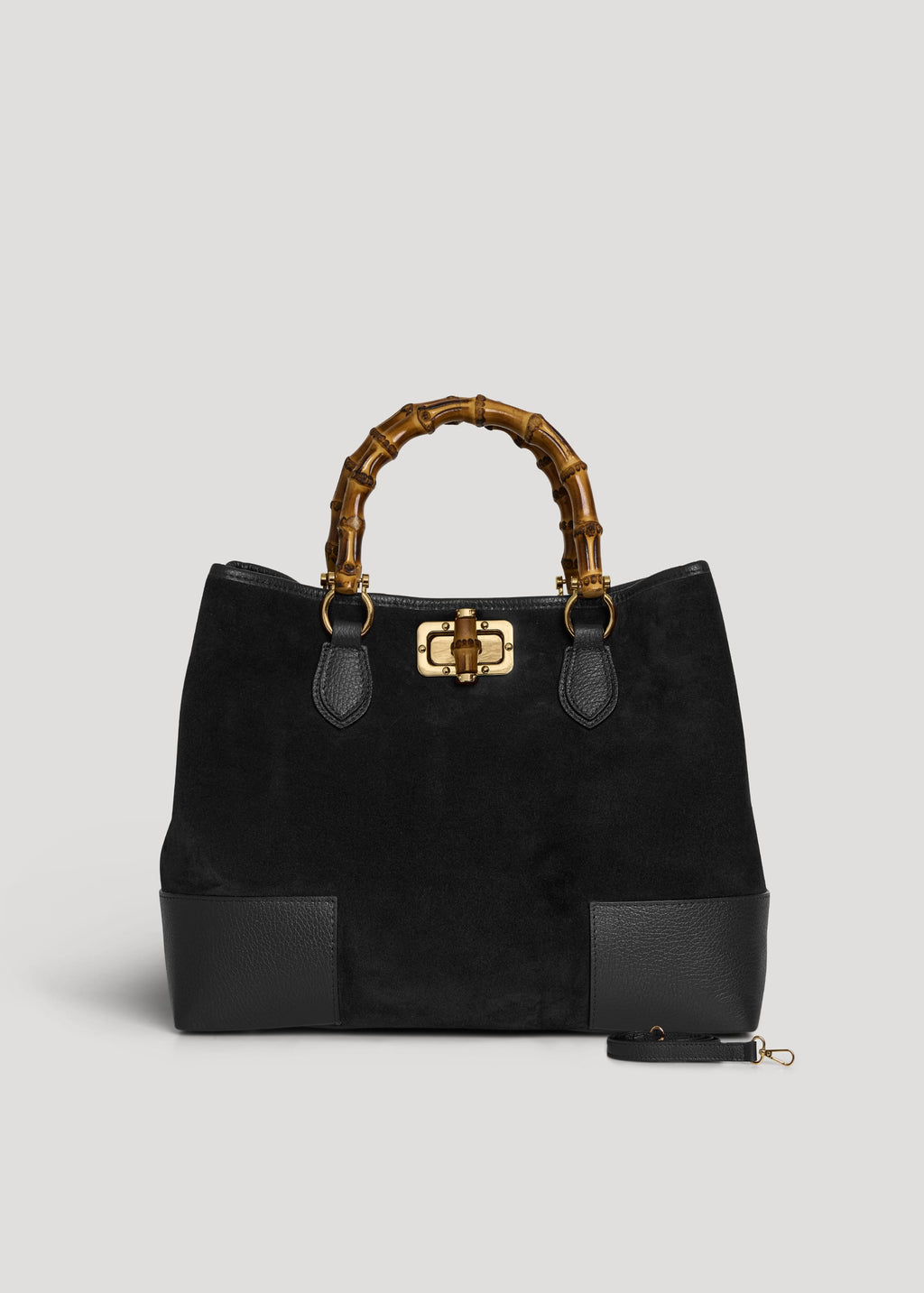 Bolso de Ante y Piel Negro con Asas de Bambú y Herrajes Dorados