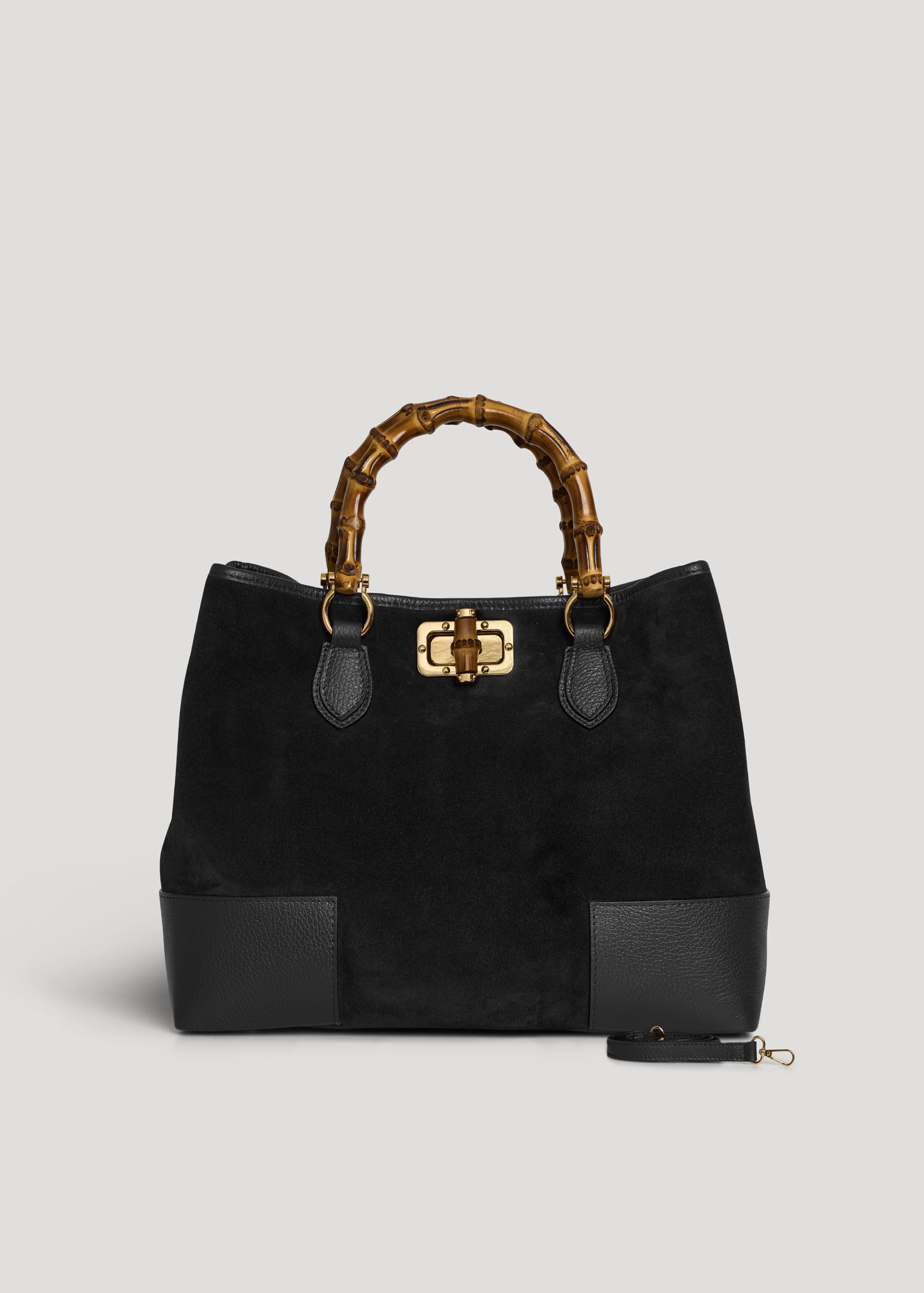 Bolso de Ante y Piel Negro con Asas de Bambú y Herrajes Dorados