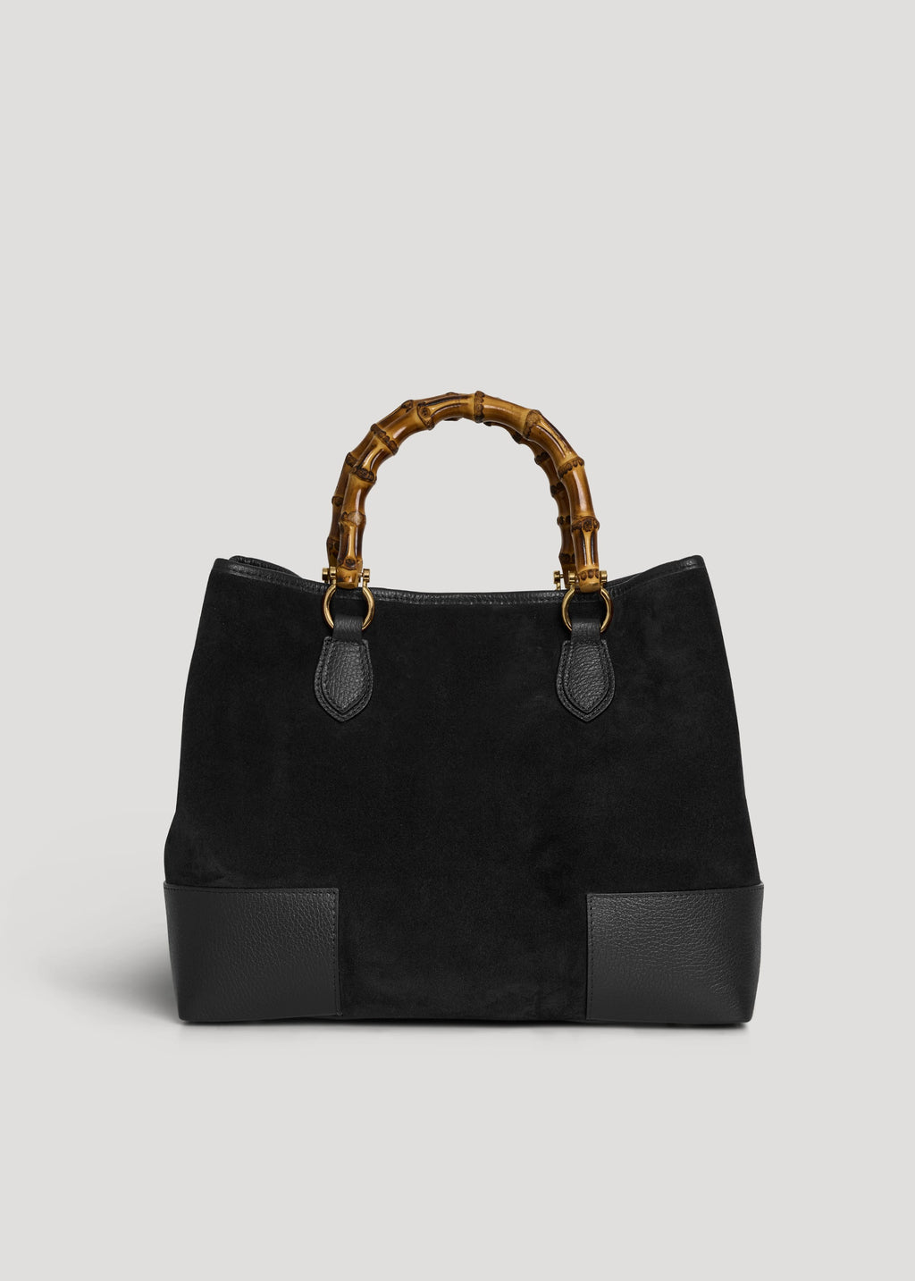 Bolso de Ante y Piel Negro con Asas de Bambú y Herrajes Dorados