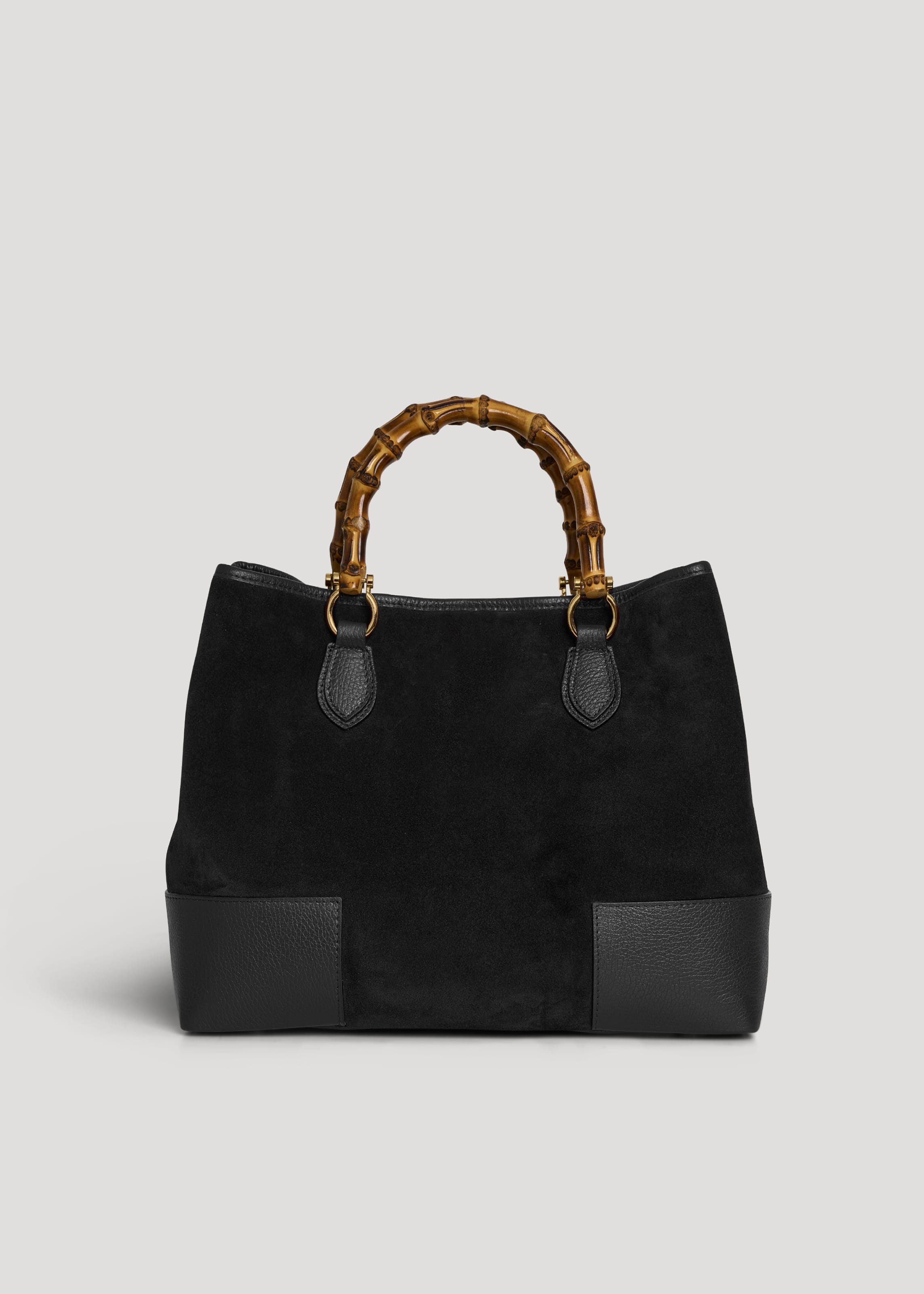 Bolso de Ante y Piel Negro con Asas de Bambú y Herrajes Dorados