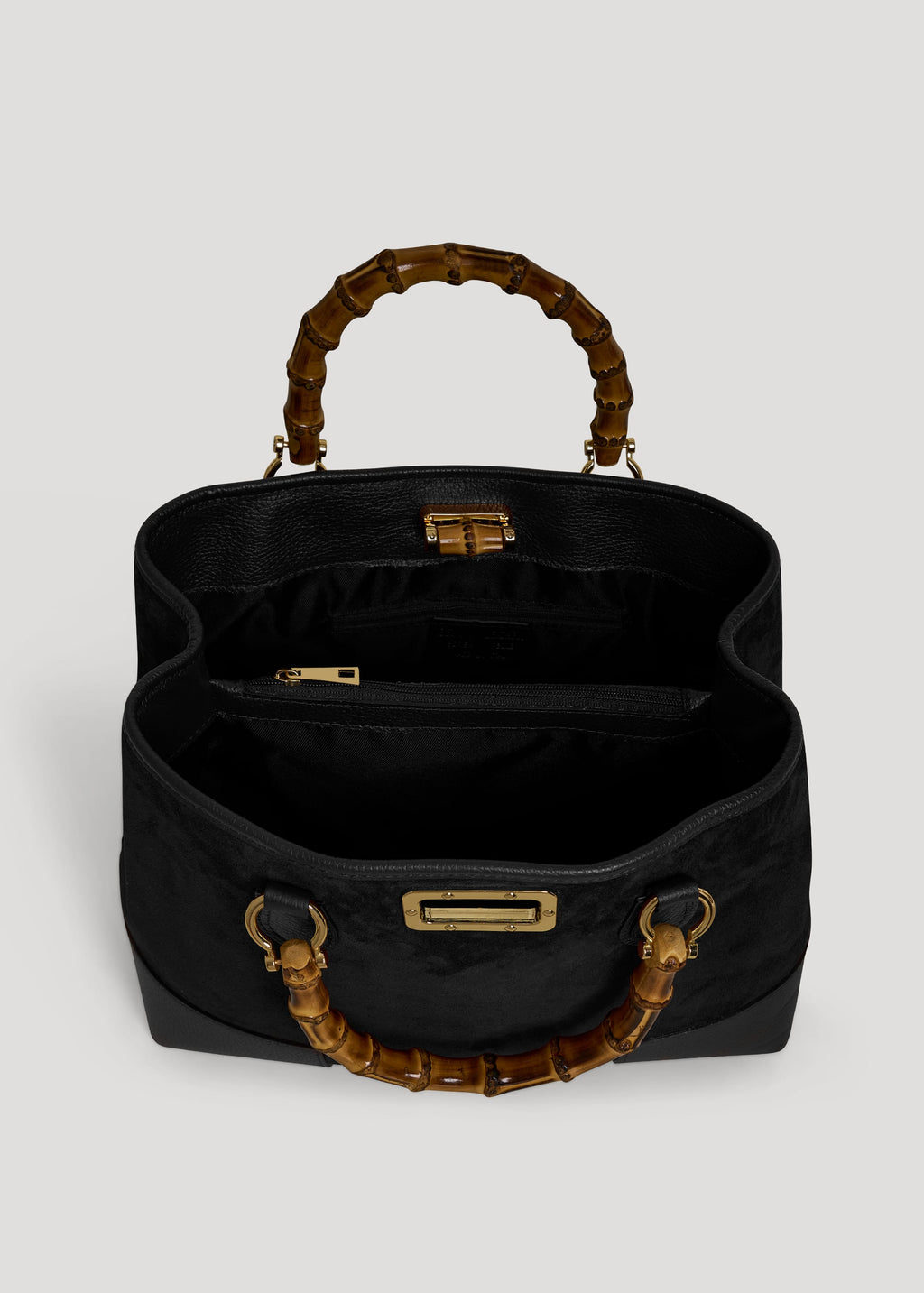 Bolso de Ante y Piel Negro con Asas de Bambú y Herrajes Dorados
