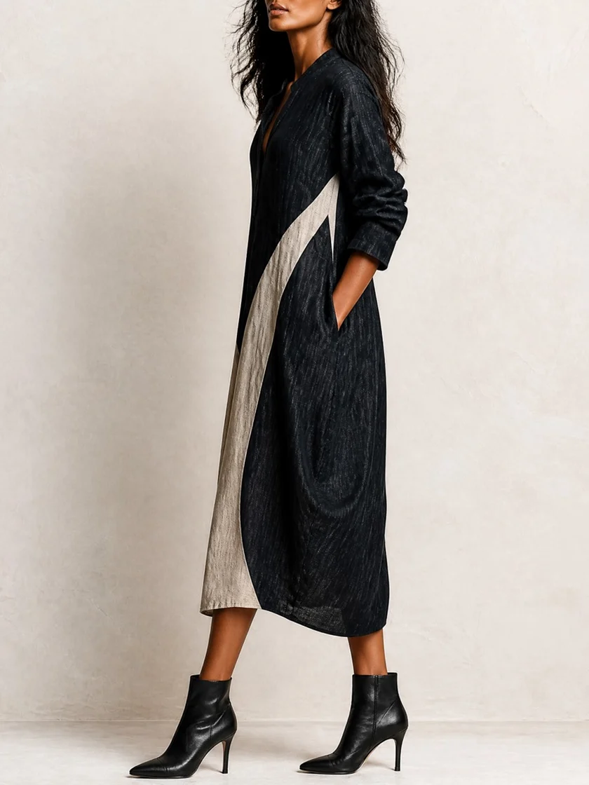 Vestido Midi Negro Estilo Camisa Holgada Casual