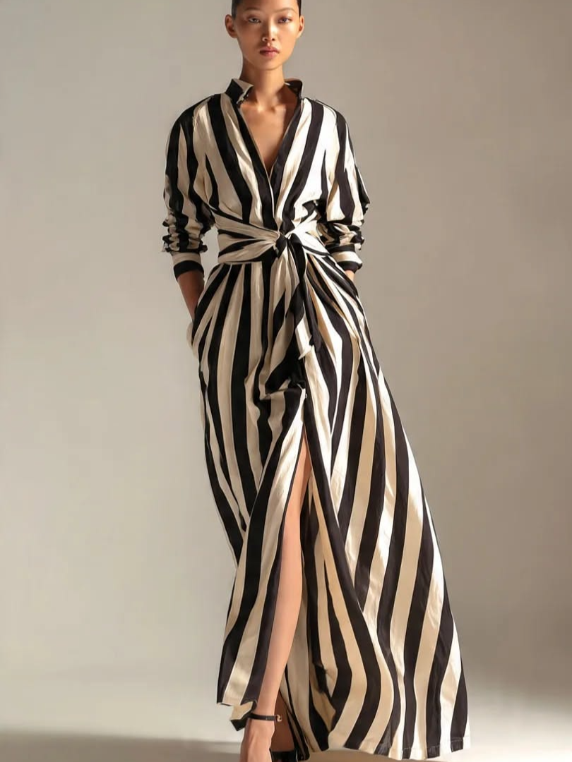 Vestido Maxi Blanco y Negro de Rayas Verticales, Escote en V, Cinturón y Abertura Frontal
