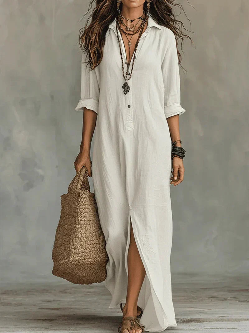 Vestido Maxi Boho de Cuello Camisero, Abertura Lateral y Mangas Remangables
