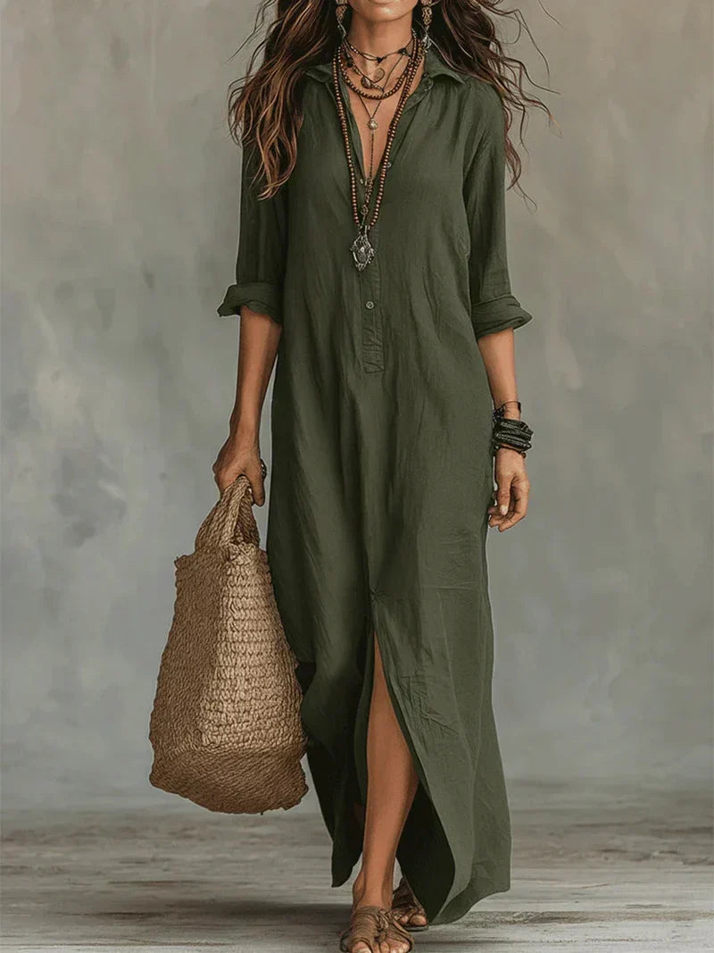 Vestido Maxi Boho de Cuello Camisero, Abertura Lateral y Mangas Remangables