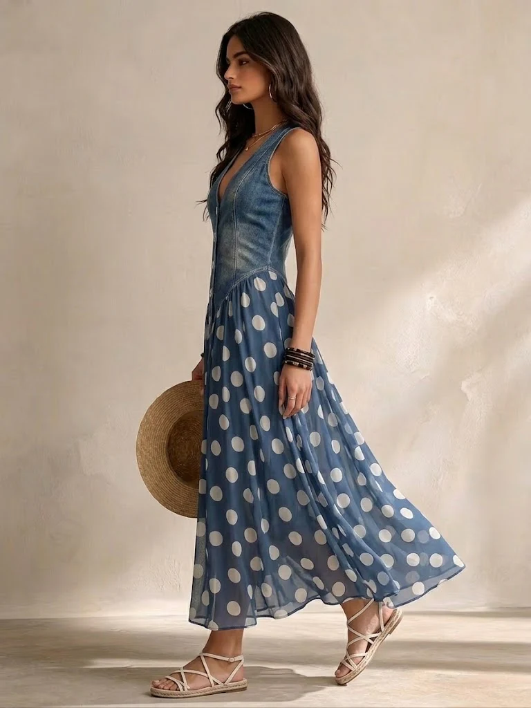 Vestido Largo Denim con Lunares, Escote en V y Corsé