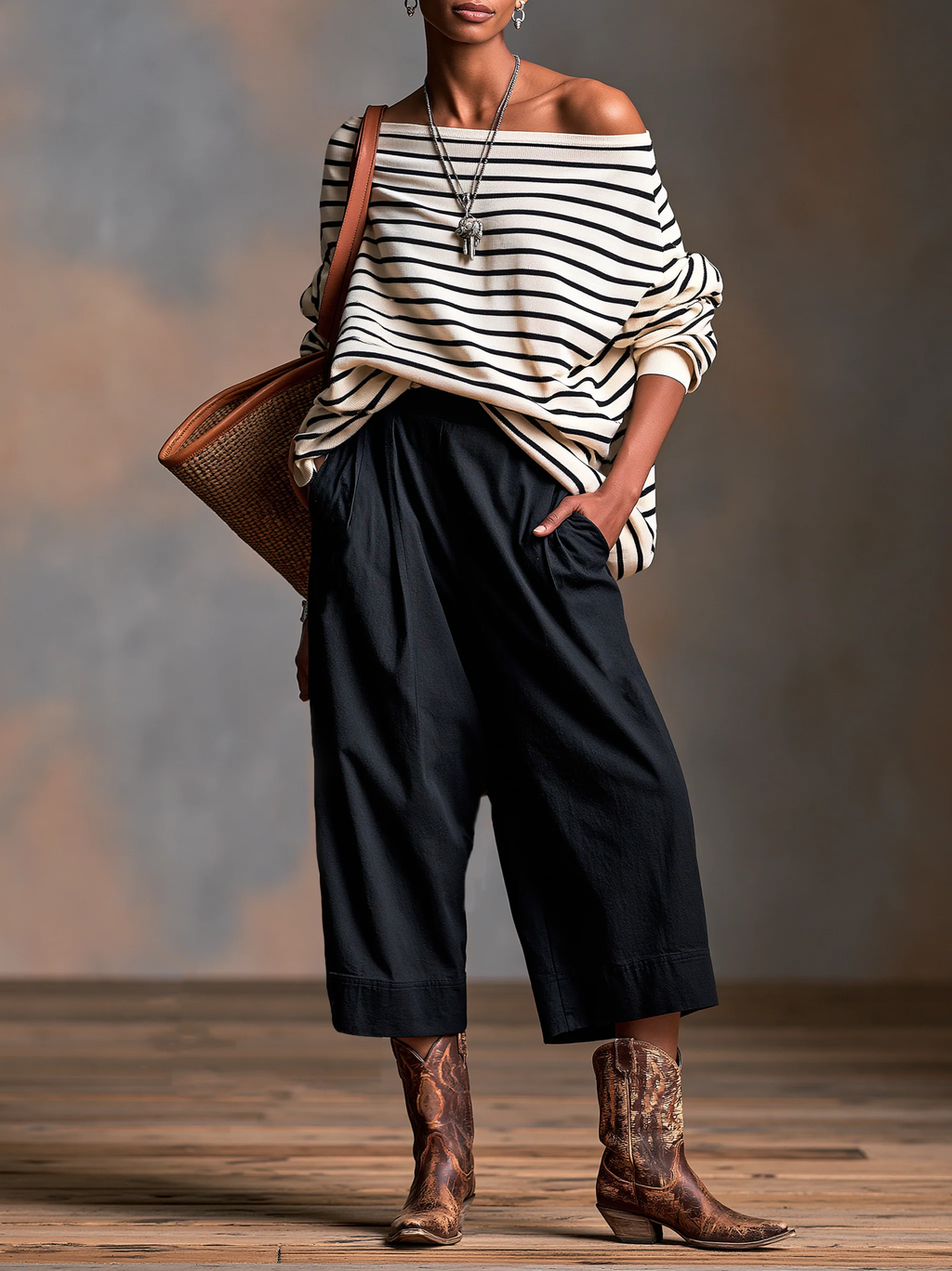 Conjunto Negro: Top de Hombros Descubiertos a Rayas y Pantalón Casual Cropped