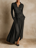 Vestido Maxi Elegante Gris Oscuro de Manga Larga con Cinturón