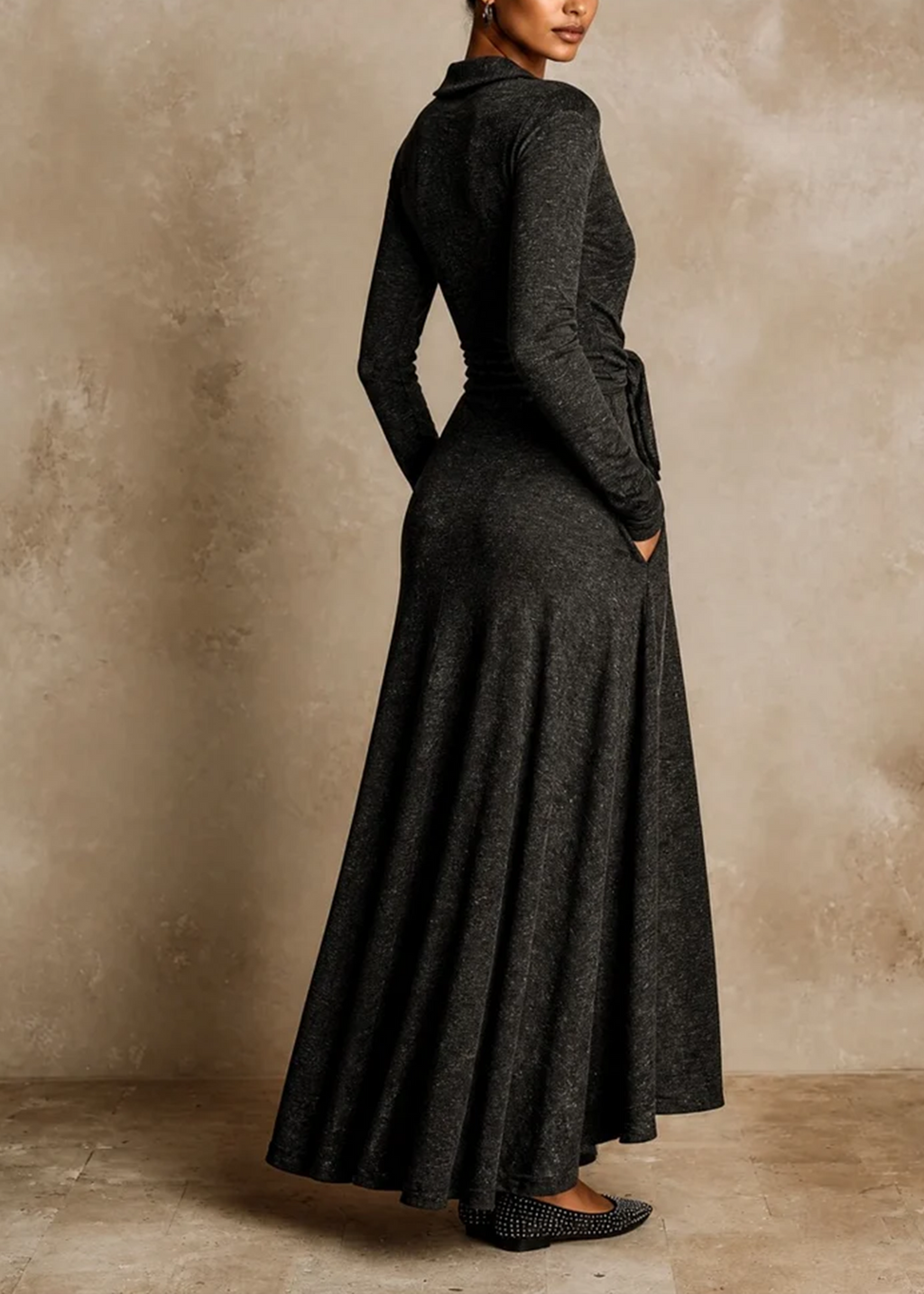 Vestido Maxi Elegante Gris Oscuro de Manga Larga con Cinturón