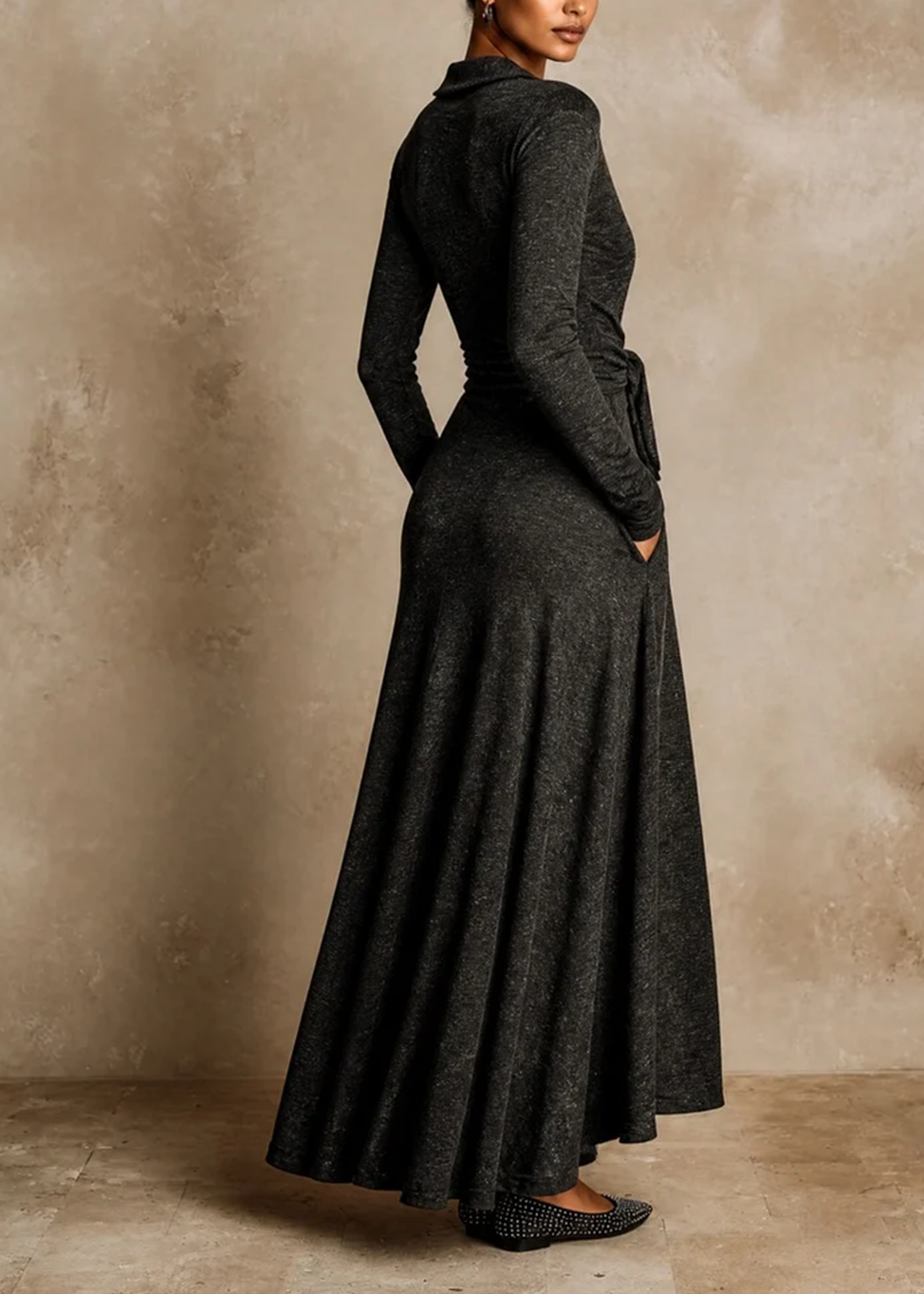 Vestido Maxi Elegante Gris Oscuro de Manga Larga con Cinturón