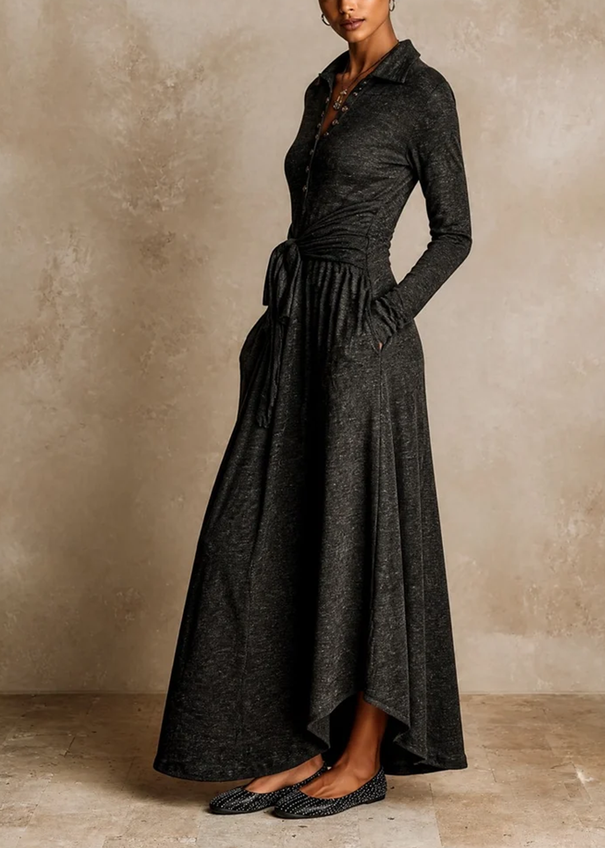 Vestido Maxi Elegante Gris Oscuro de Manga Larga con Cinturón