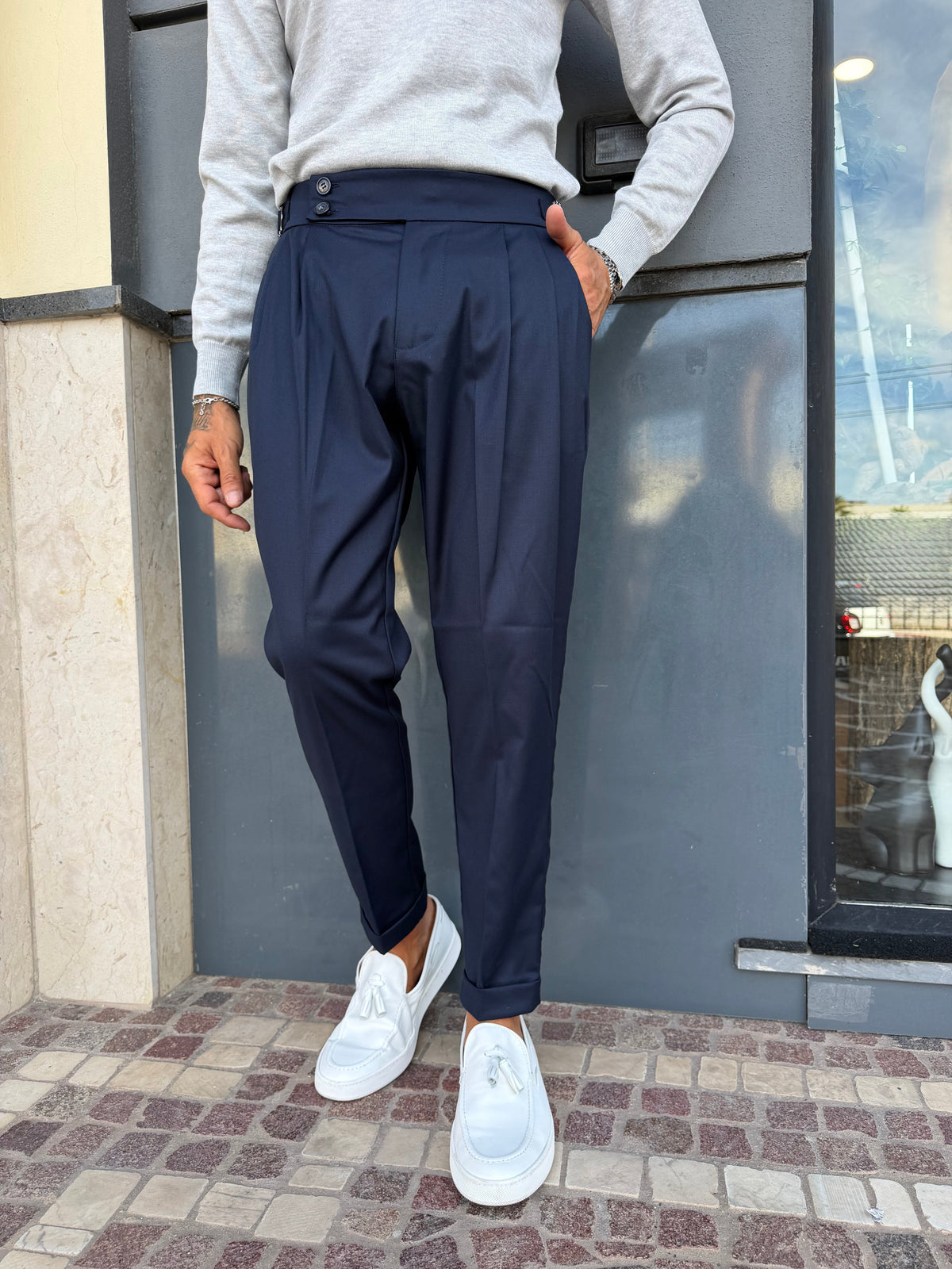 Pantalón de Algodón con Cinturilla Alta y Pinzas