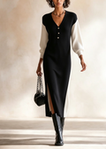 Vestido Midi Casual Negro y Blanco de Escote en V, Manga Larga y Combinación de Colores