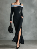 Vestido Maxi Negro Entallado de Hombros Descubiertos, Escote Irregular y Abertura
