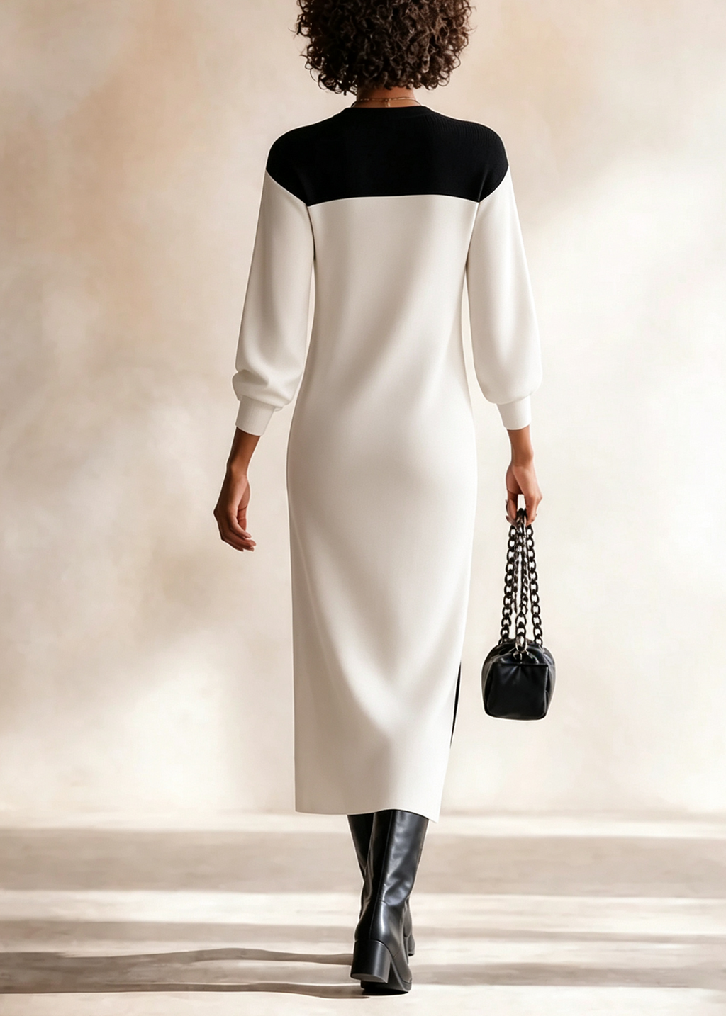 Vestido Midi Casual Negro y Blanco de Escote en V, Manga Larga y Combinación de Colores