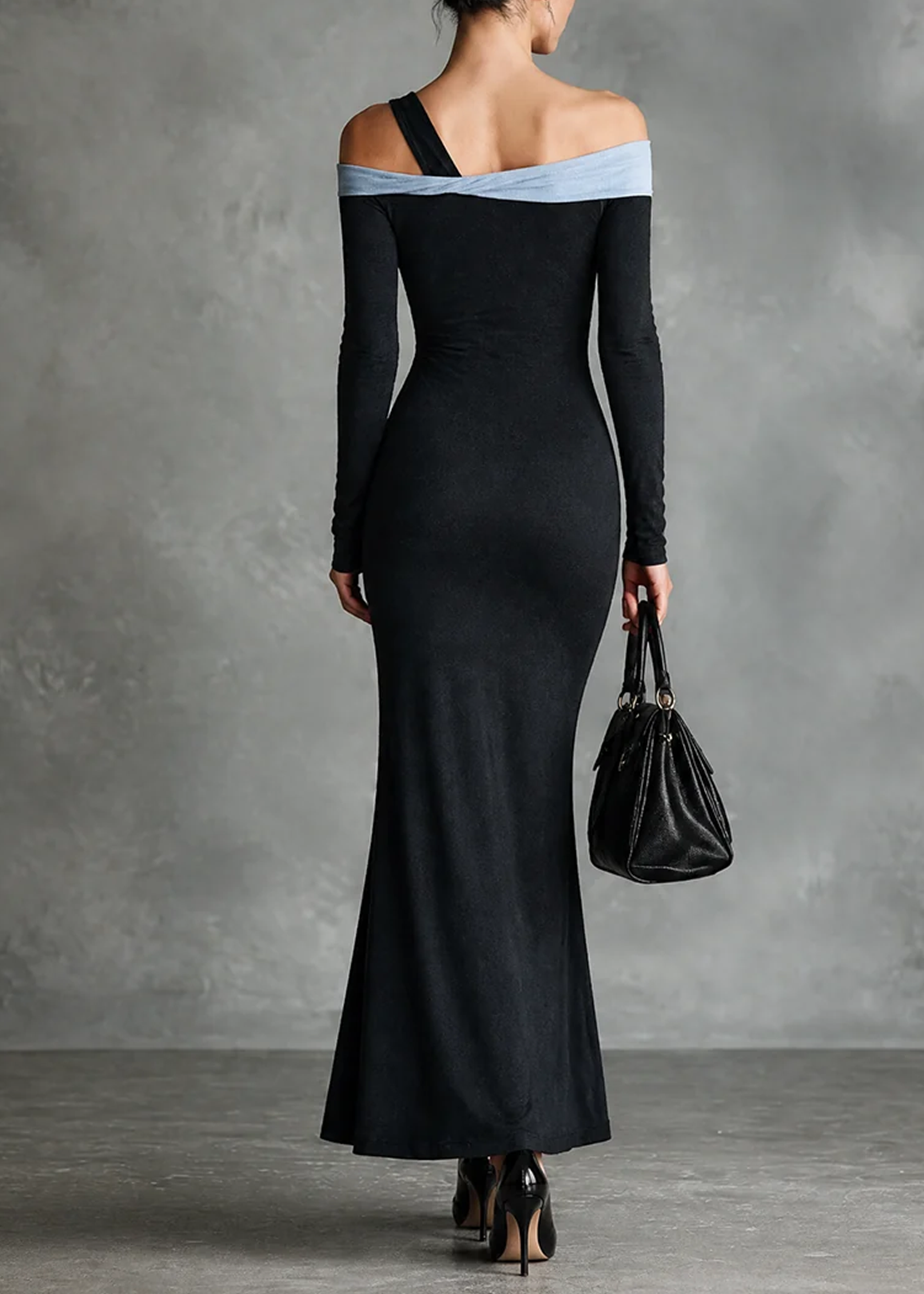 Vestido Maxi Negro Entallado de Hombros Descubiertos, Escote Irregular y Abertura