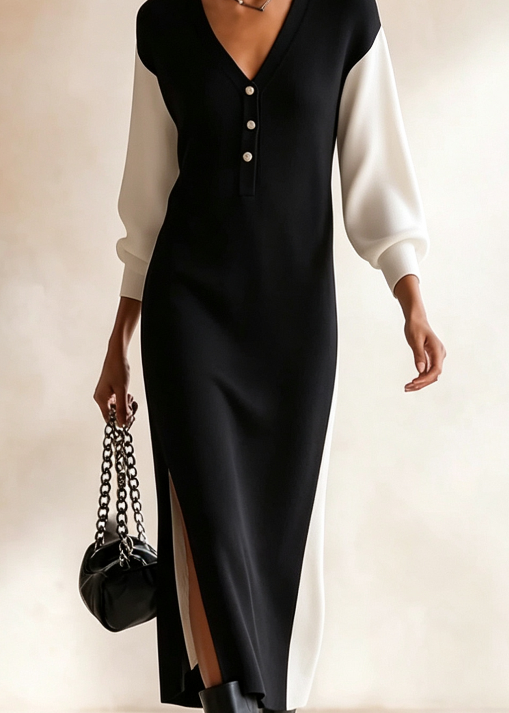 Vestido Midi Casual Negro y Blanco de Escote en V, Manga Larga y Combinación de Colores