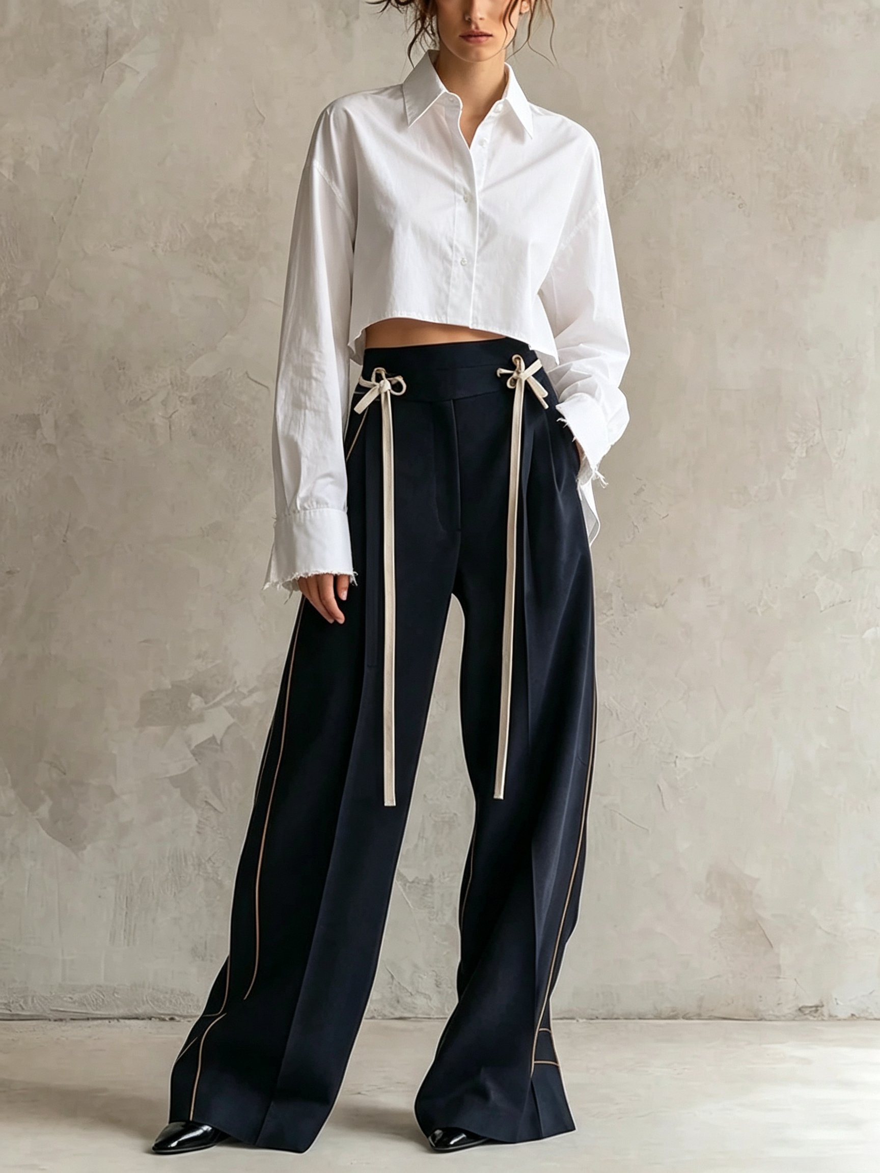 Conjunto Blanco: Camisa Cropped de Puño y Pantalón Ancho de Talle Alto con Detalle de Lazo