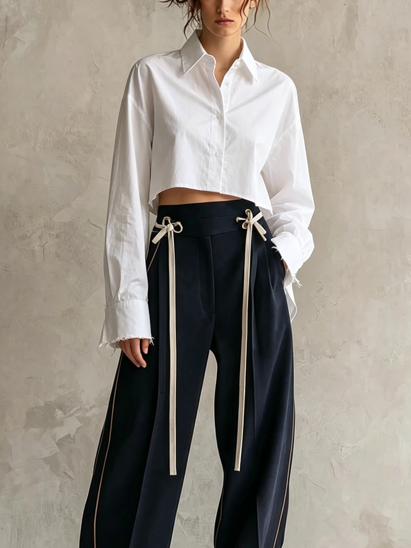 Conjunto Blanco: Camisa Cropped de Puño y Pantalón Ancho de Talle Alto con Detalle de Lazo