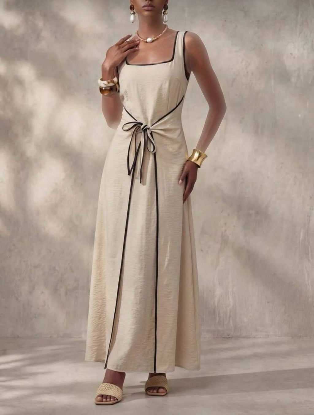Vestido Maxi Beige de Cuello Cuadrado con Ribete Negro y Lazo