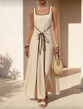 Vestido Maxi Beige de Cuello Cuadrado con Ribete Negro y Lazo